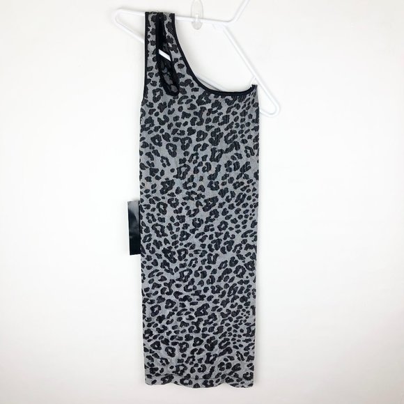 bebe Dresses & Skirts - BEBE leopard single shoulder bodycon dress silver